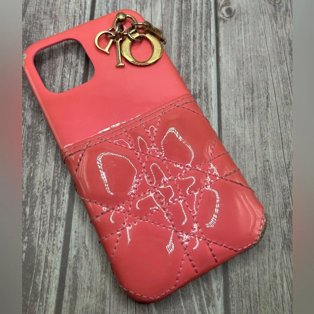DIOR Lady Dior Lambskin Quilted Leather iPhone 14 Phone Case w/ Logo Charm Pink